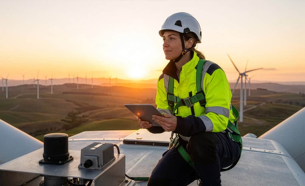 Technician in protective gear checking wind turbine components during sunrise at a wind power generation