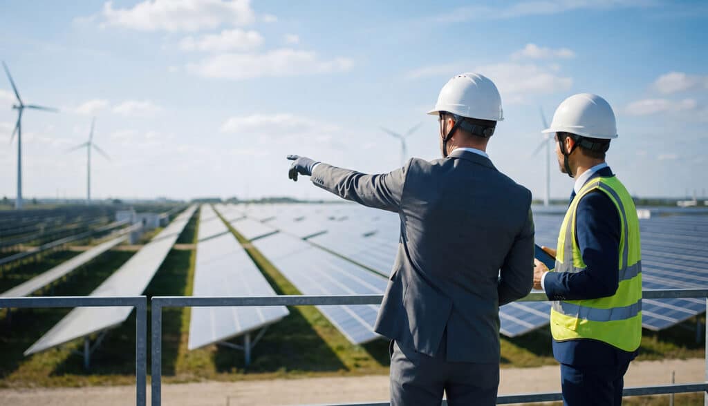 Two engineers in hard hats inspecting large scale solar panel fa
