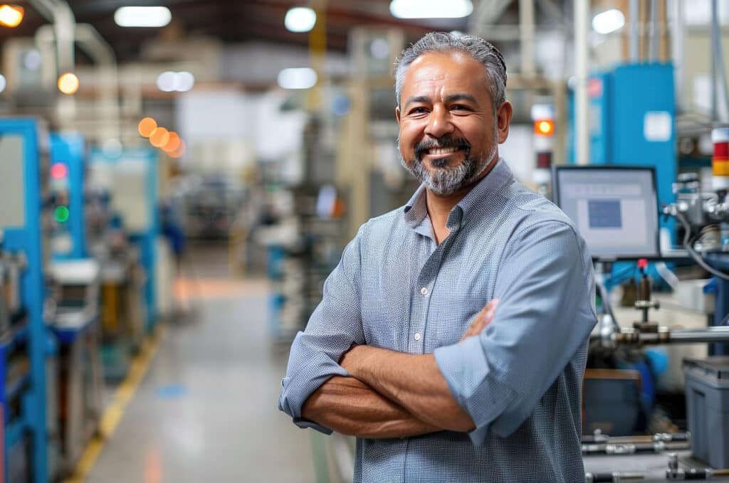 Factory owner in a high-tech manufacturing plant, overseeing operations with machinery in the background